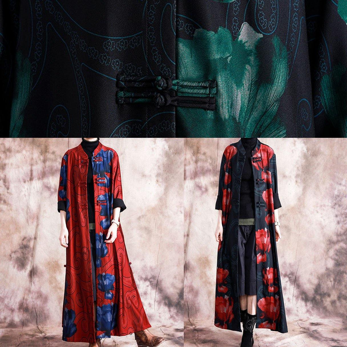 WW | Plus Size Women's Winter Jacket Coats Black Patchwork Green Print Chinese Button Coat for Women