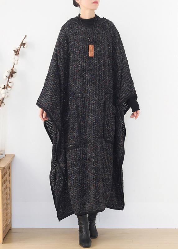 WW | Plus-Size-Bekleidung langer Wintermantel Frauen schwarz mit Kapuze großer Saum Wollmäntel