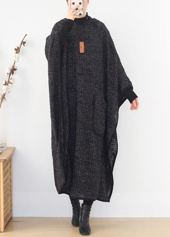 WW | Plus Size Clothing Long Winter Coat Women Black Hooded Large Hem Wool Coats
