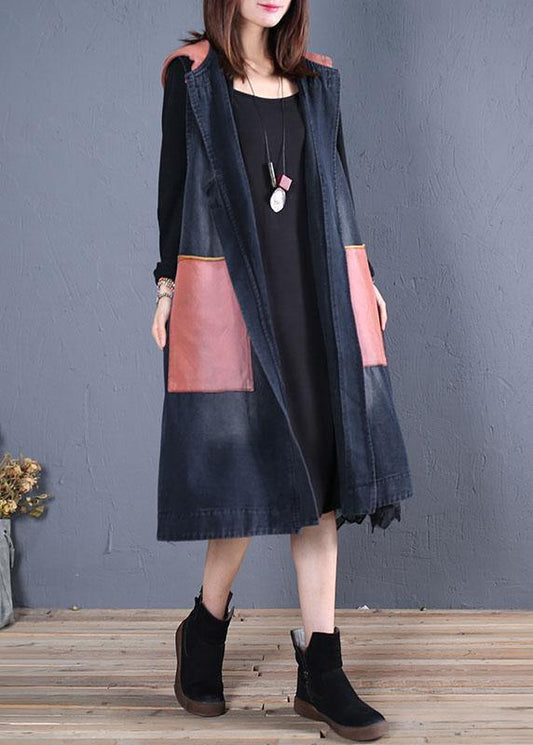 WW | Plus-Size-Trenchcoat Schwarz Patchwork Kapuzen ärmellos Jacken