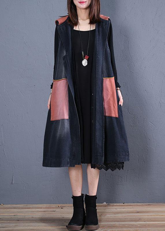 WW | Plus-Size-Trenchcoat Schwarz Patchwork Kapuzen ärmellos Jacken