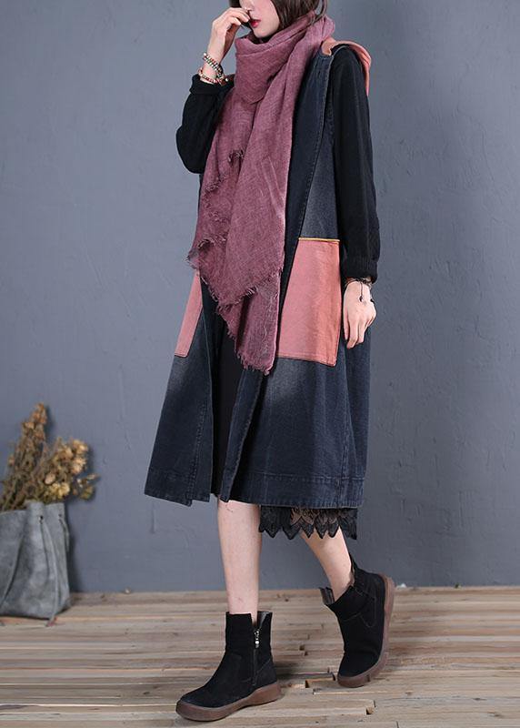 WW | Plus Size Trench Coat Black Patchwork Hooded Sleeveless Jackets