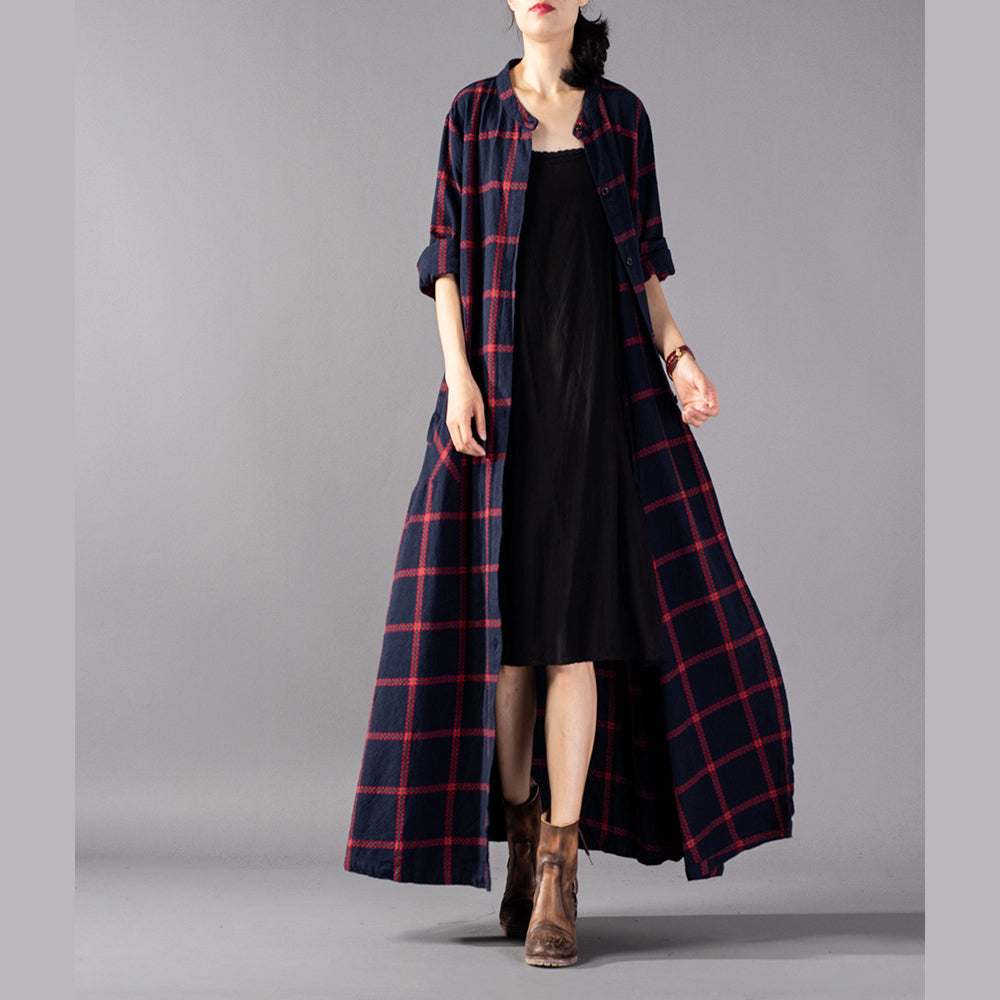 WW | roter Karierter Mantel Plus Size Kleidung Stehkragen Mäntel WW | Taschen Mäntel