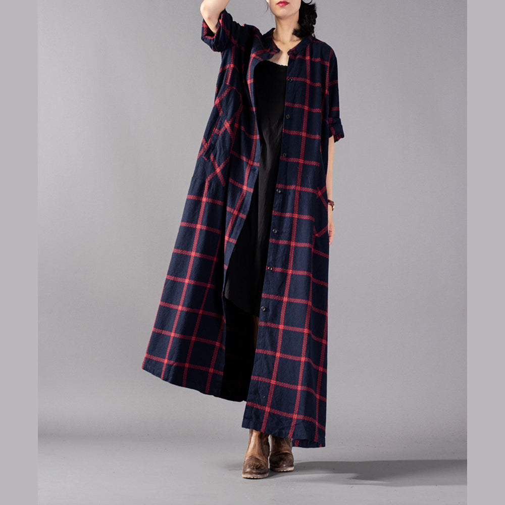 WW | roter Karierter Mantel Plus Size Kleidung Stehkragen Mäntel WW | Taschen Mäntel