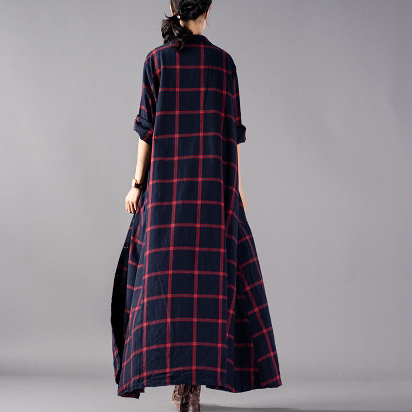 WW | Red Plaid Coat Plus Size Clothing Stand Collar Coats WW | Pocket Coats