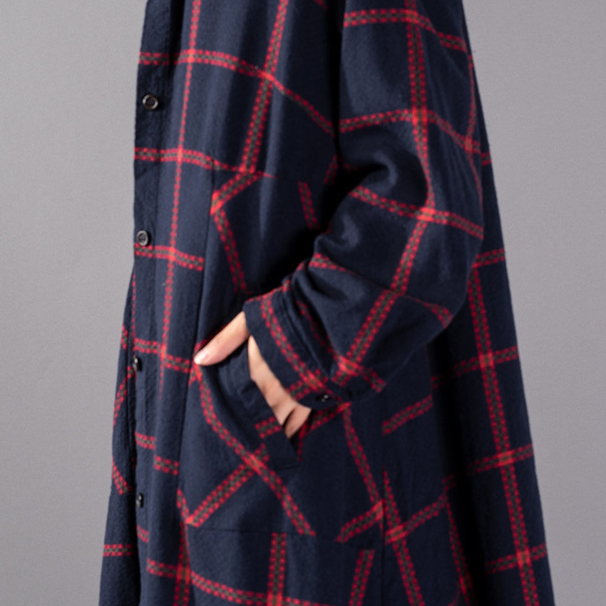 WW | Red Plaid Coat Plus Size Clothing Stand Collar Coats WW | Pocket Coats