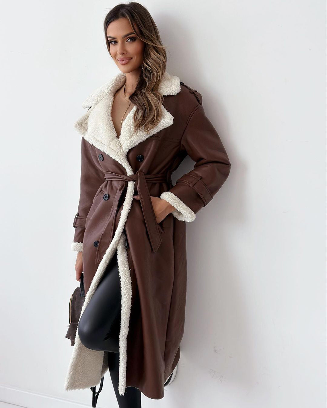 WW | Women's Long Coat – Oversized Fit – Leather Look – Plush Lined – Belt Closure