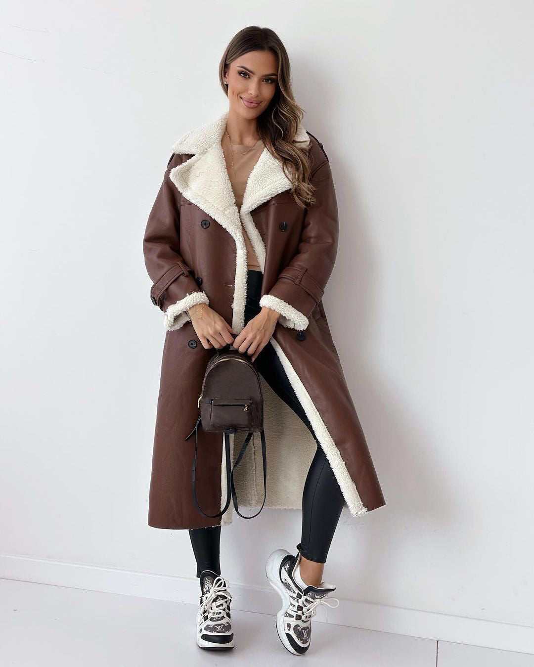 WW | Women's Long Coat – Oversized Fit – Leather Look – Plush Lined – Belt Closure
