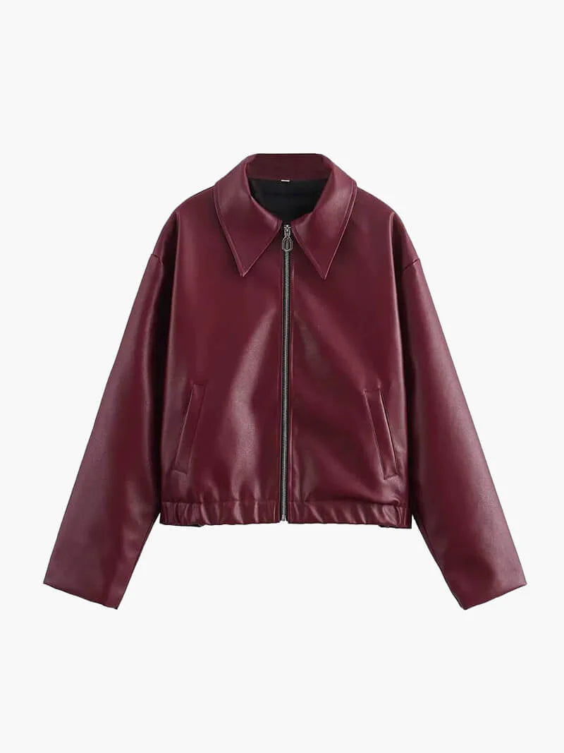 WW | Bordeaux Red Leather Women's Jacket with Zipper