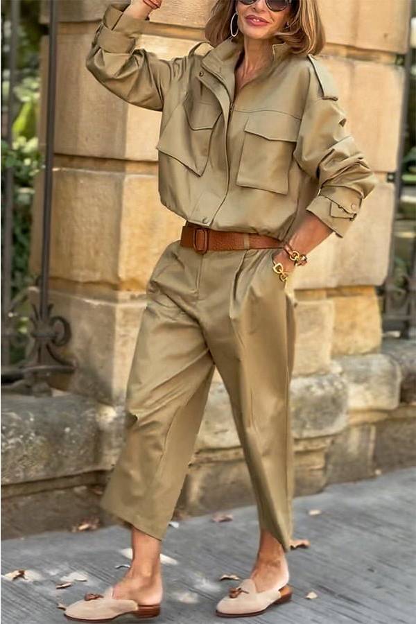 WW | Charm Strap Details Pocketed Cargo Style Zipper Loose Jacket