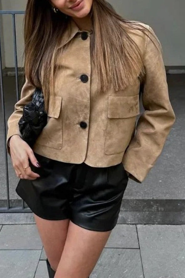 WW | Knopfverschluss Pocket Faux Suede Crop Jacke