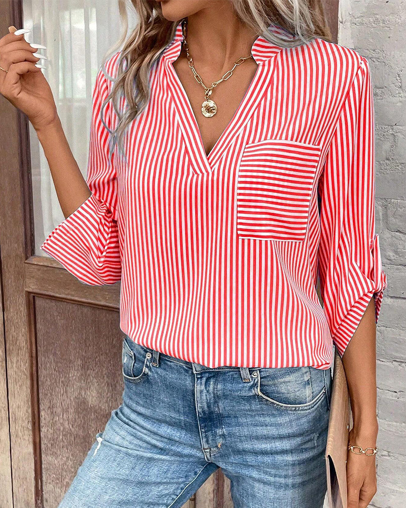 WW | striped V-neck T-shirt with chest pocket