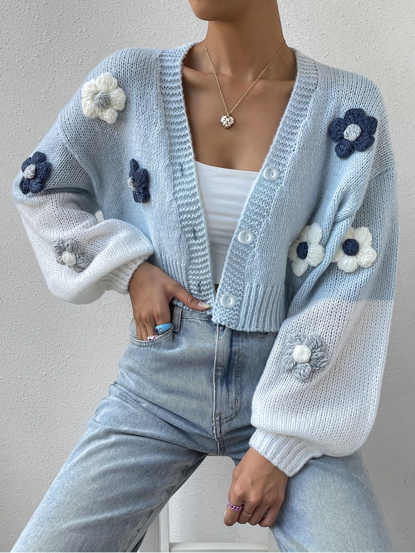 WW | Stylish Floral Embellished Warm Cotton Knit Cardigan for Women - Perfect for Everyday Wear