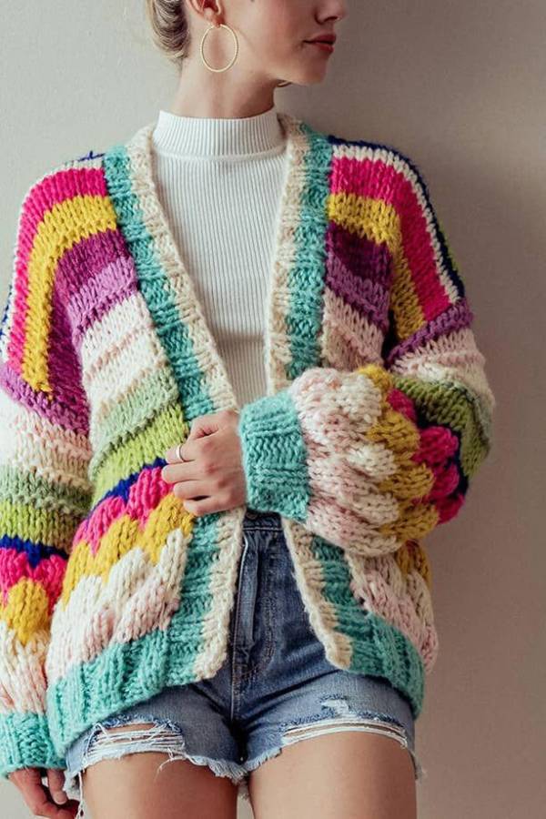 WW | Striped Chunky Knit Cardigan Jacket