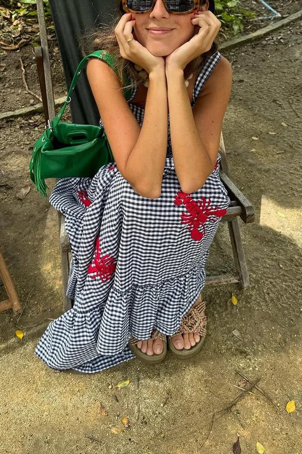 Long checked dress with embroidered shrimp