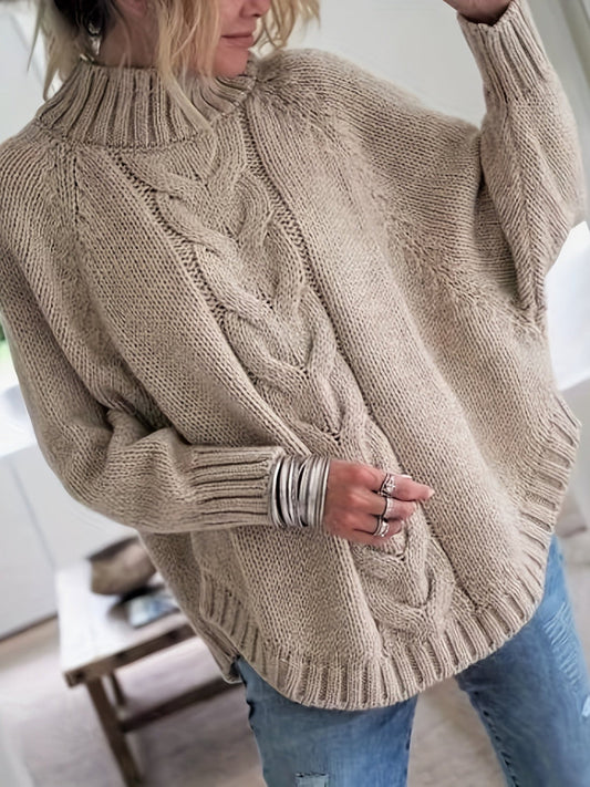 WW | Strickpullover Zopfmuster Poncho Design Hoher Kragen Übergroß Fit