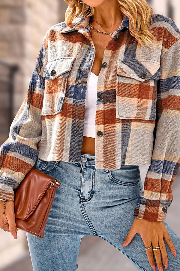 WW | Pocket Fashion Casual Cropped Damen Karierte Jacke