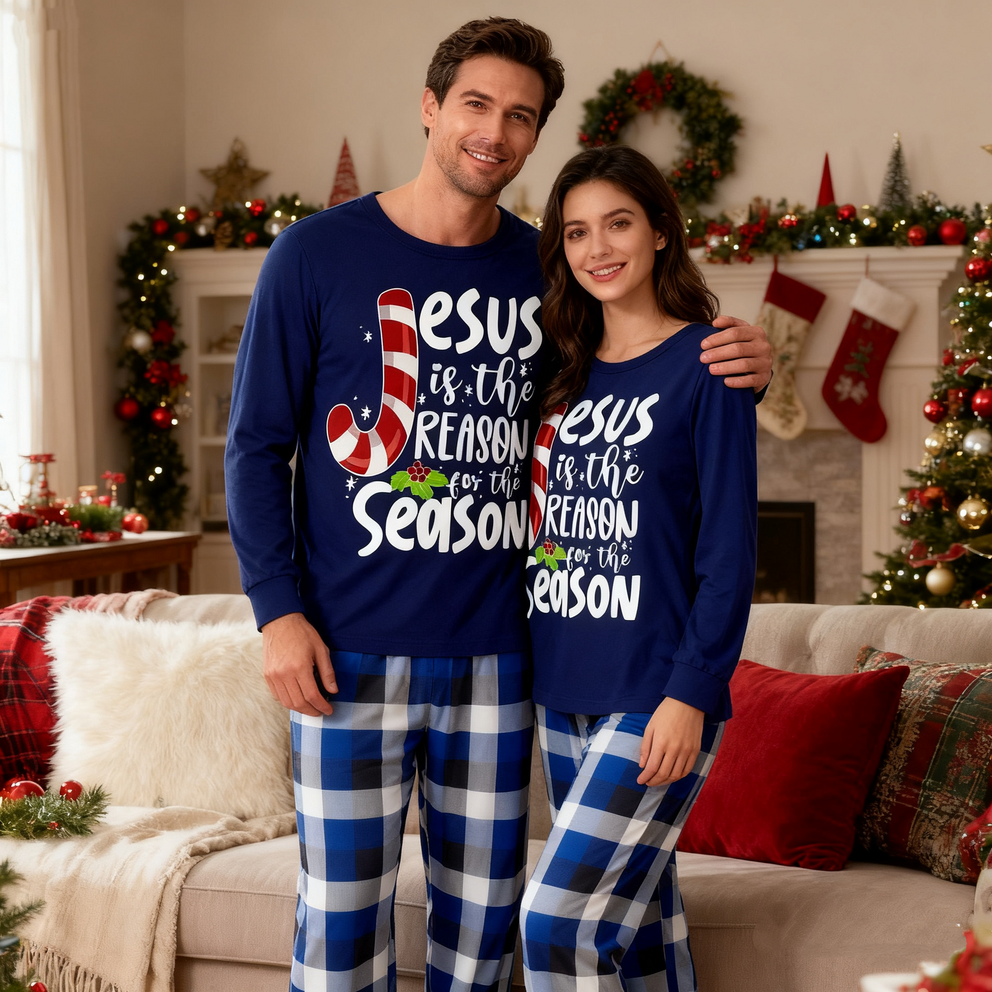 WW | Couple Christmas Matching Pajamas with Jesus Text Print