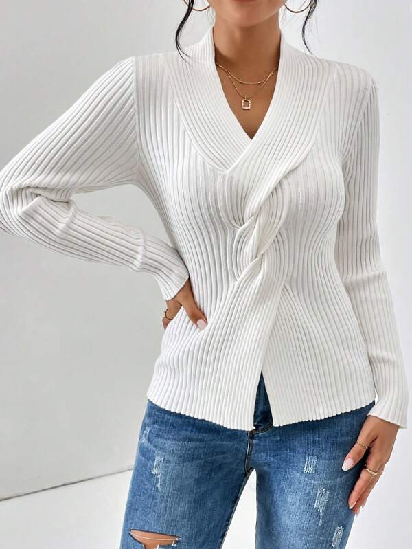 WW | Weißer Pullover Aus Geripptem Material