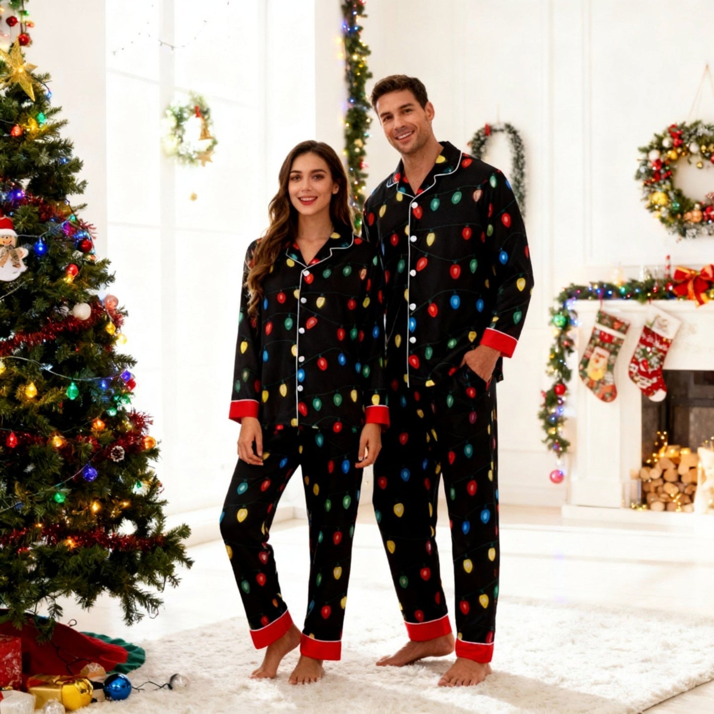WW | Holiday Couple Button-Down Satin Christmas Pajama Set