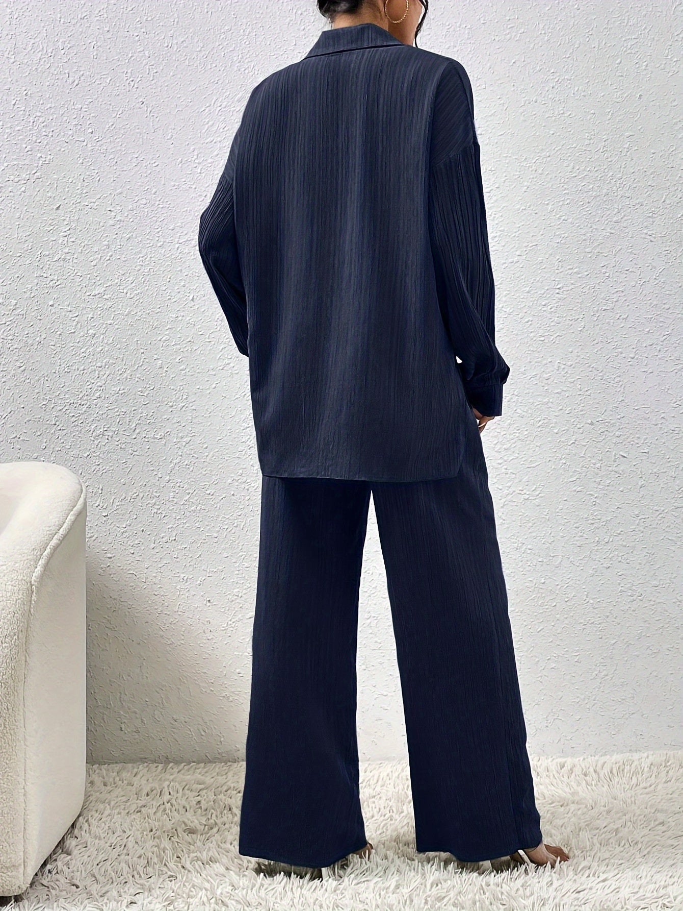WW | Button-Down & Elastic Waistband Pants Outfit Set for Women - Ideal for Fall/Winter