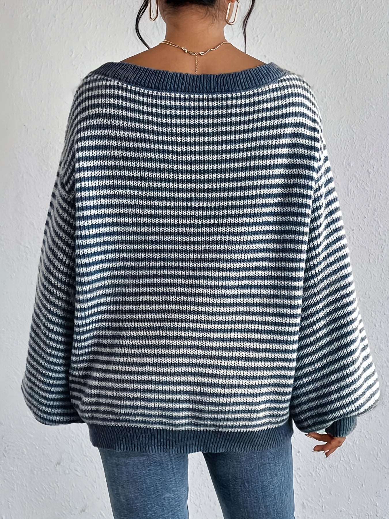 WW |  Schulterfreier Baumwollpullover mit Streifen, elastischem Stoff und Rundhalsausschnitt Pullover Damen - Ideal für Frühling