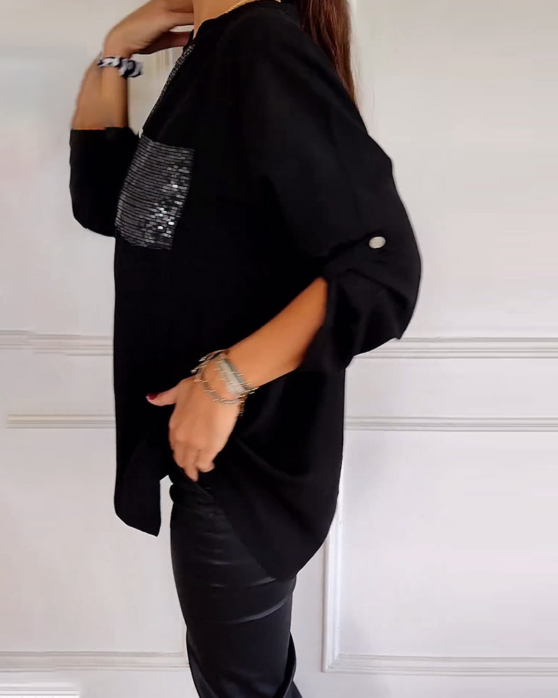 WW - Chic Blouse with Button Placket and Sequin Trim for Women | Elegant Long-Sleeved Blouse with Sequin Pocket
