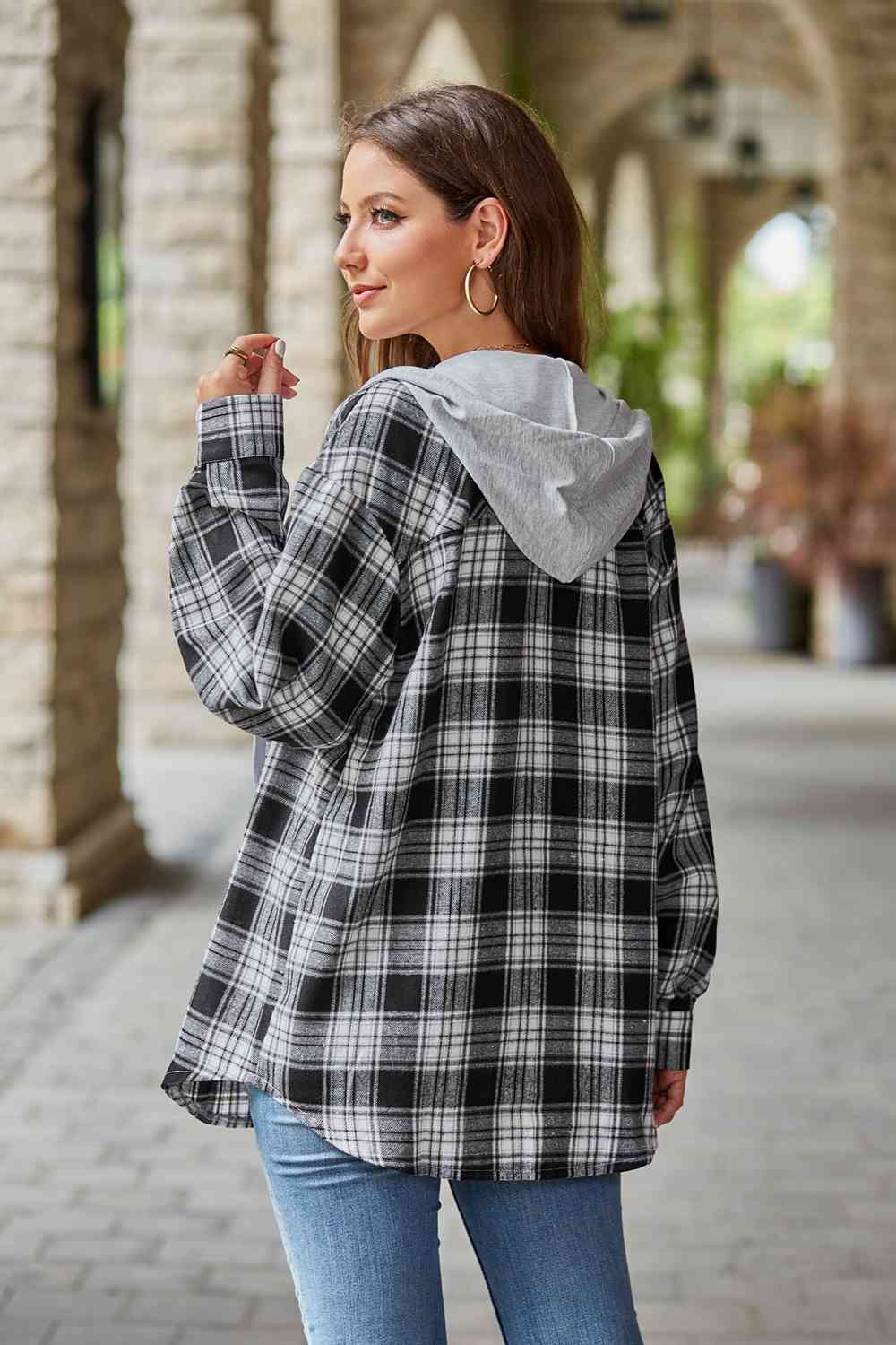 WW | Plaid Long-Sleeved Hooded Jacket