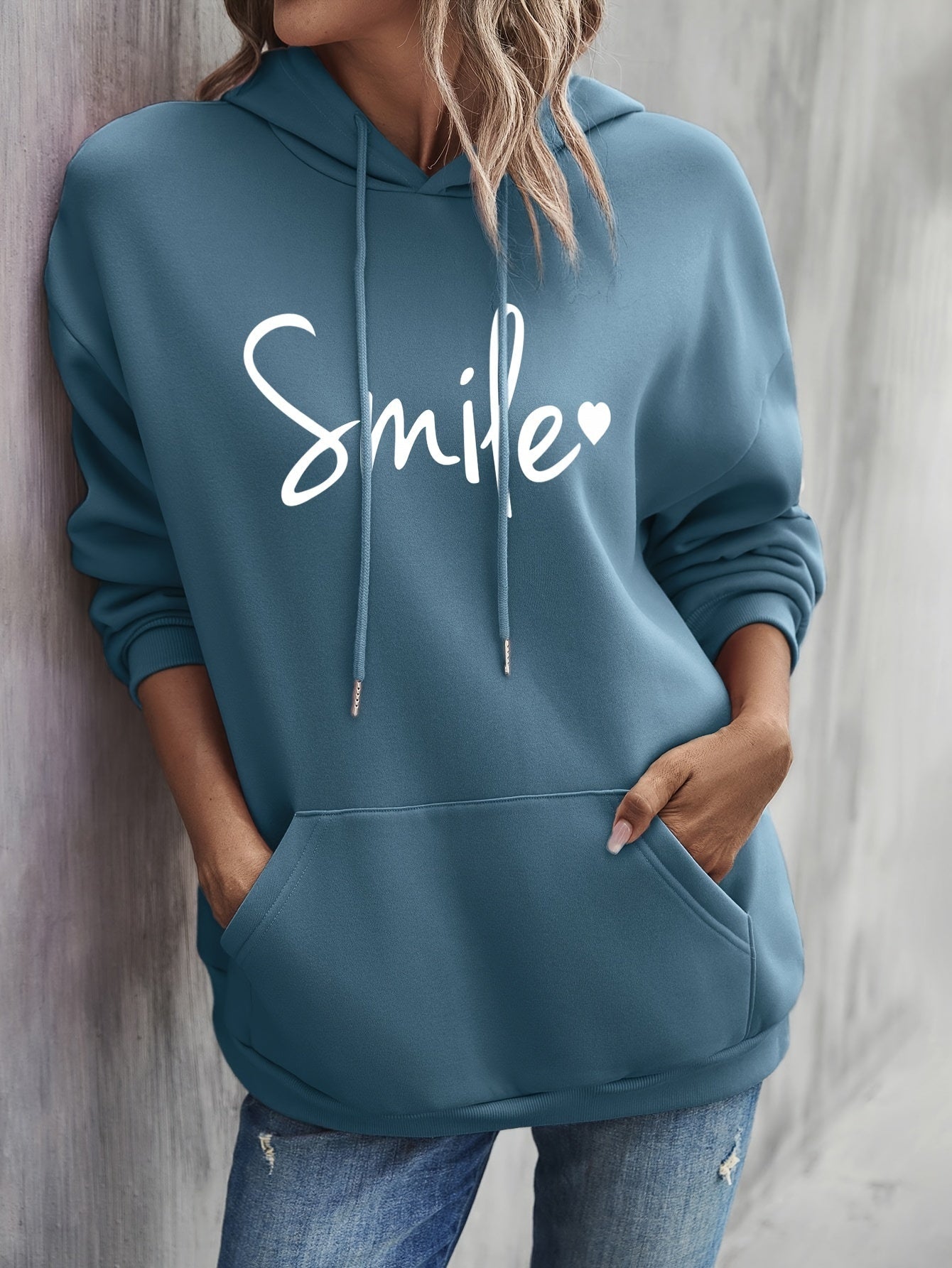 WW | gemütlicher Smile Print Hoodie mit Kordelzug für Frauen