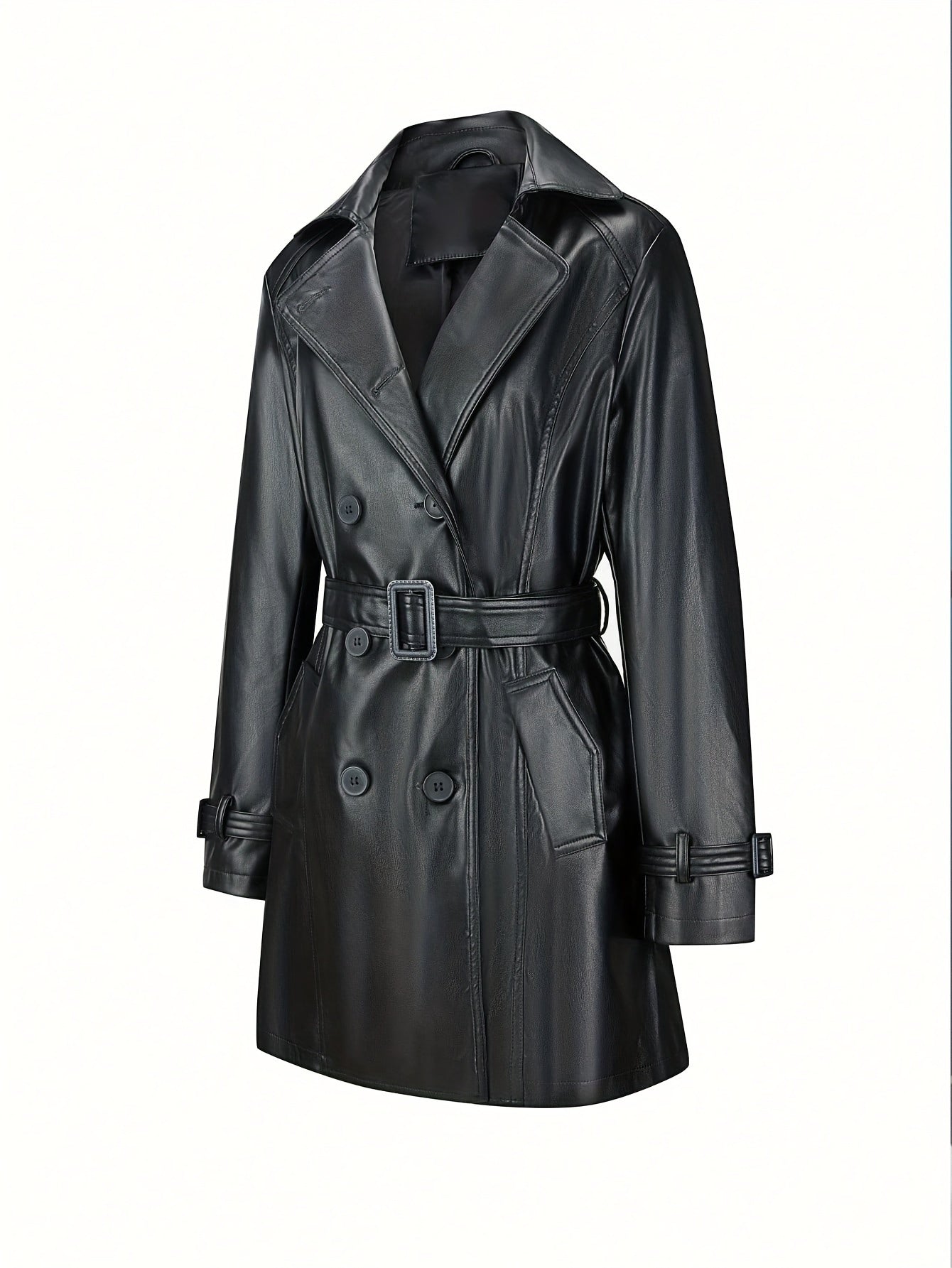 WW | Trenchcoat aus Kunstleder mit Gürtel und Vintage-Ärmeldesign für Damen - Ideal für Alltagsmode