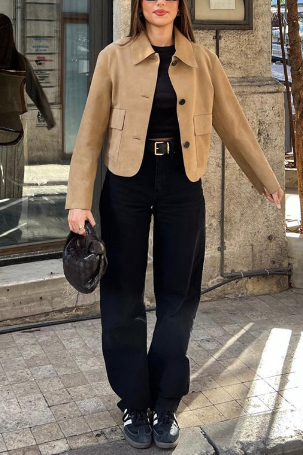 WW | Knopfverschluss Pocket Faux Suede Crop Jacke