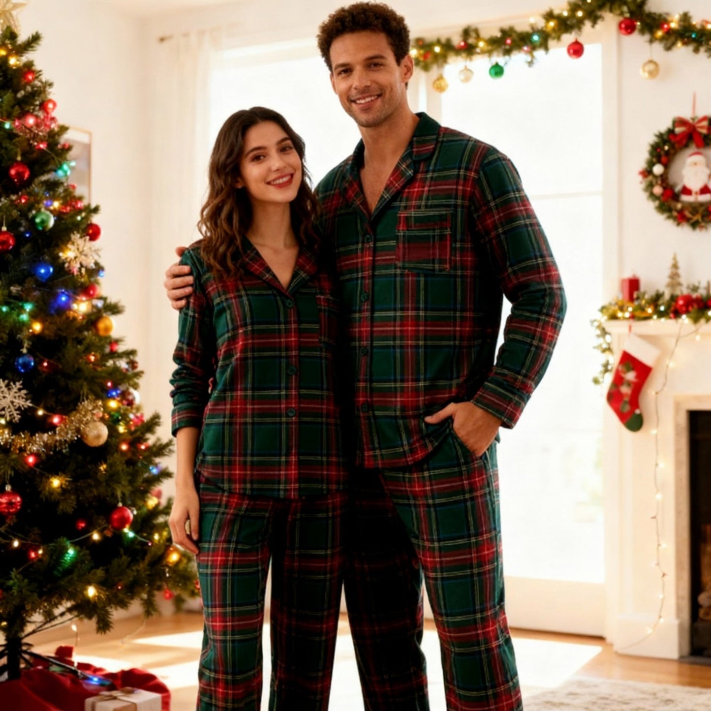 WW | Couple Green Red Plaid Button-Front Pajama Sets