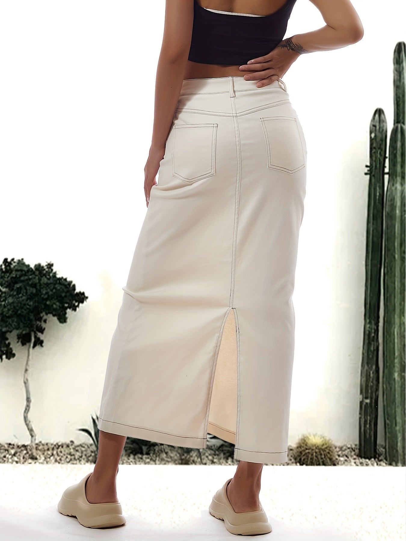 WW | Einfarbiger Weißer Schlitz Hinten Lässig Maxi Denim Rock