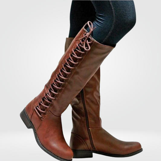 WW | Damenstiefel mit Lederoptik, Blockabsatz, Reißverschluss und Schnürung