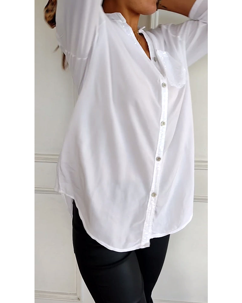 WW - Chic Blouse with Button Placket and Sequin Trim for Women | Elegant Long-Sleeved Blouse with Sequin Pocket