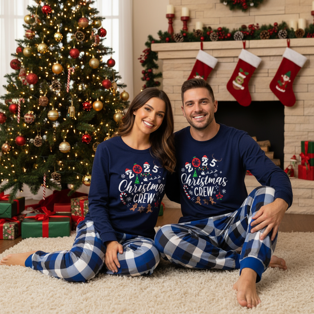 WW | Couple matching pajamas printed with "2025 Christmas Crew" text and a Christmas pattern