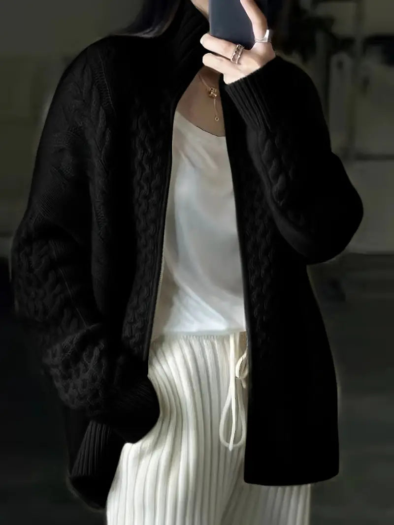 WW | Cardigan Zip High Collar Textured Knit Relaxed Fit
