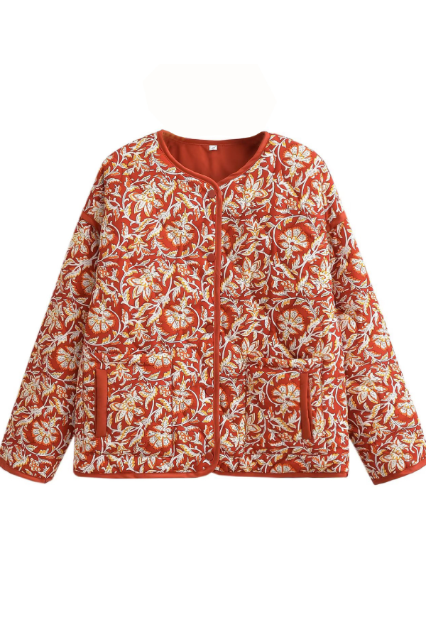 WW | Neck Floral Print Loose Quilted Cotton Jacket