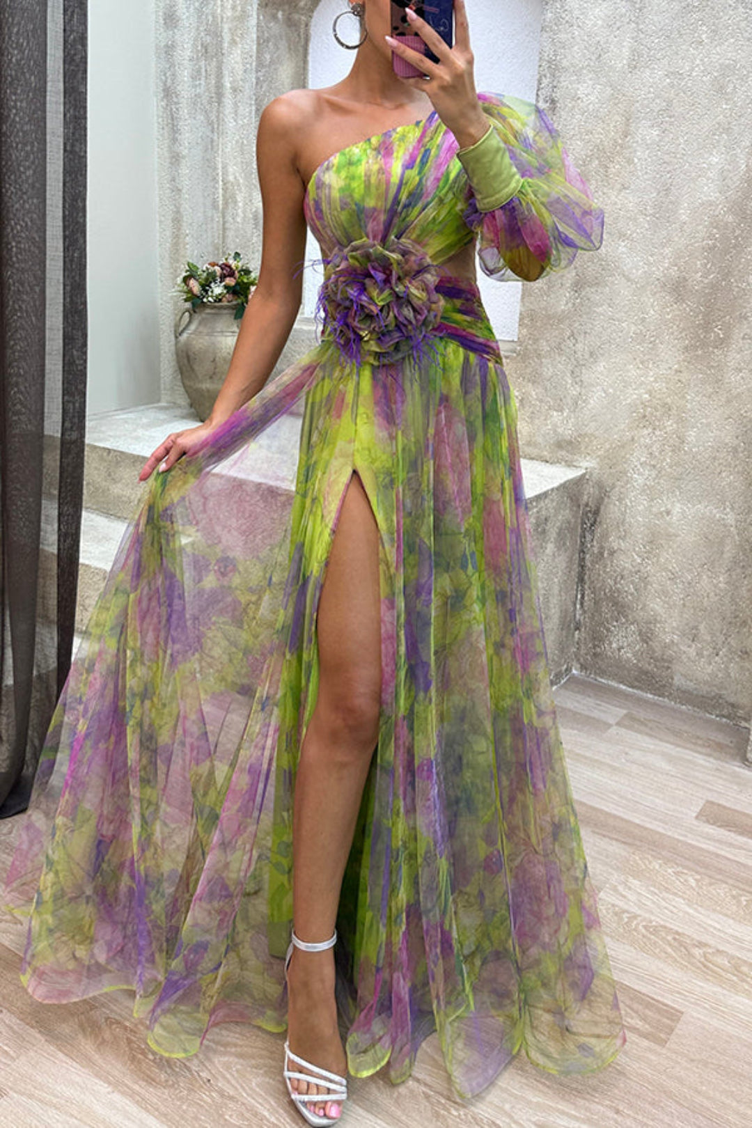 Janie - Elegant One-Shoulder Dress with Floral Print