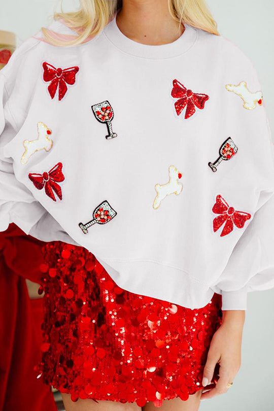 WW | Weihnachtsbogen-Wein-Glas Pailletten Lockere Lange Ärmel Sweatshirt