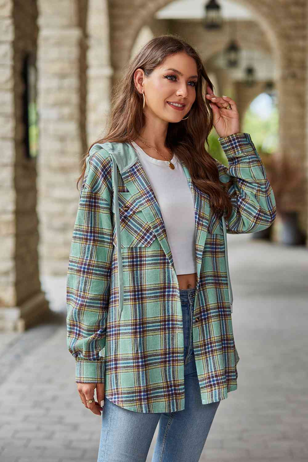 WW | Plaid Long-Sleeved Hooded Jacket