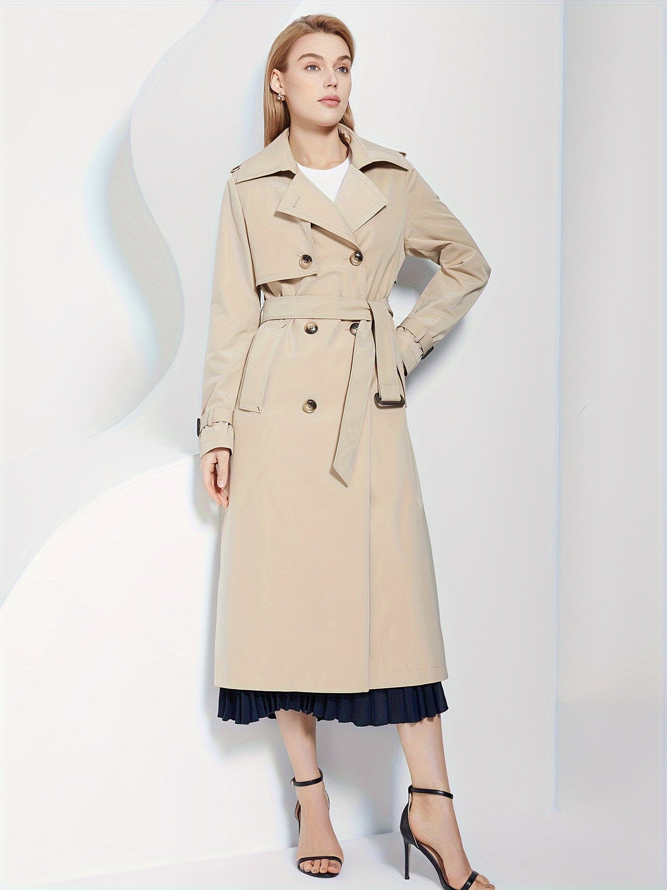 WW | Langarm-Trenchcoat mit einfarbigem Gürtel-Design für Damen - Für den Alltag