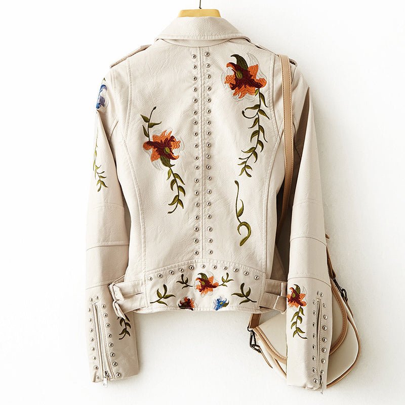 WW | Damen-Lederjacke mit Nieten-Akzent und Blumenmuster