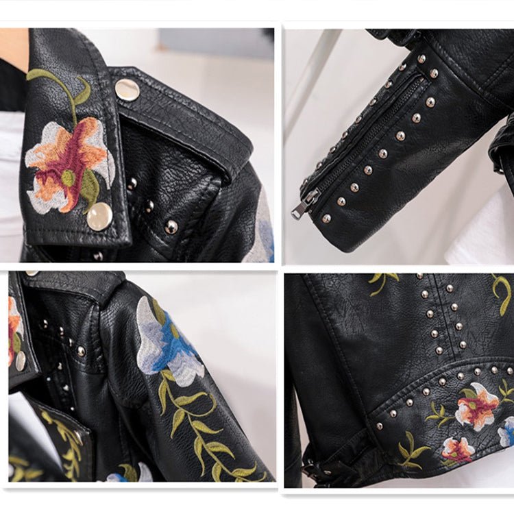 WW | Damen-Lederjacke mit Nieten-Akzent und Blumenmuster