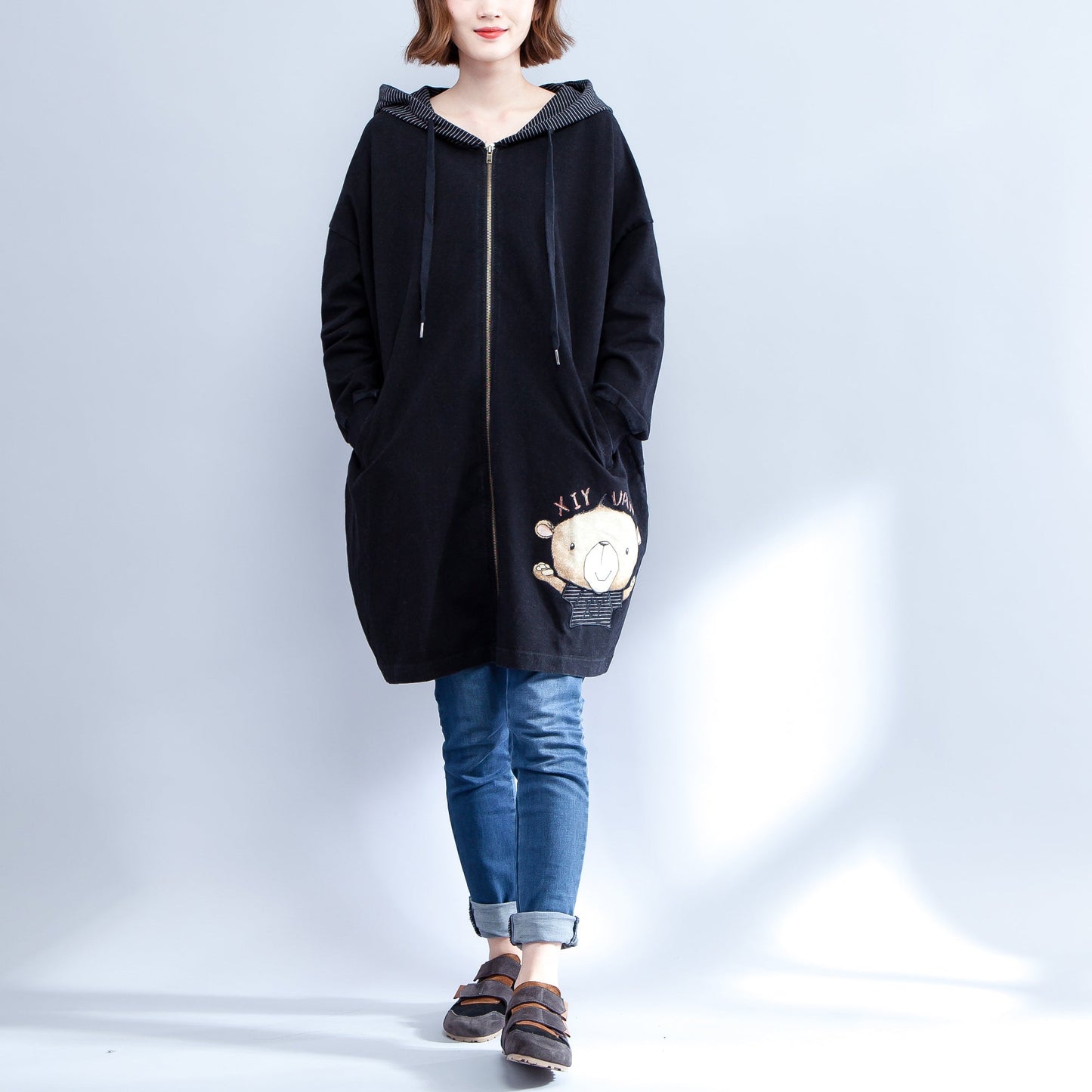WW | Drucke schwarze Baumwolle Trenchcoats Plus-Size lässige dicke Passform Cardigans Outerwear