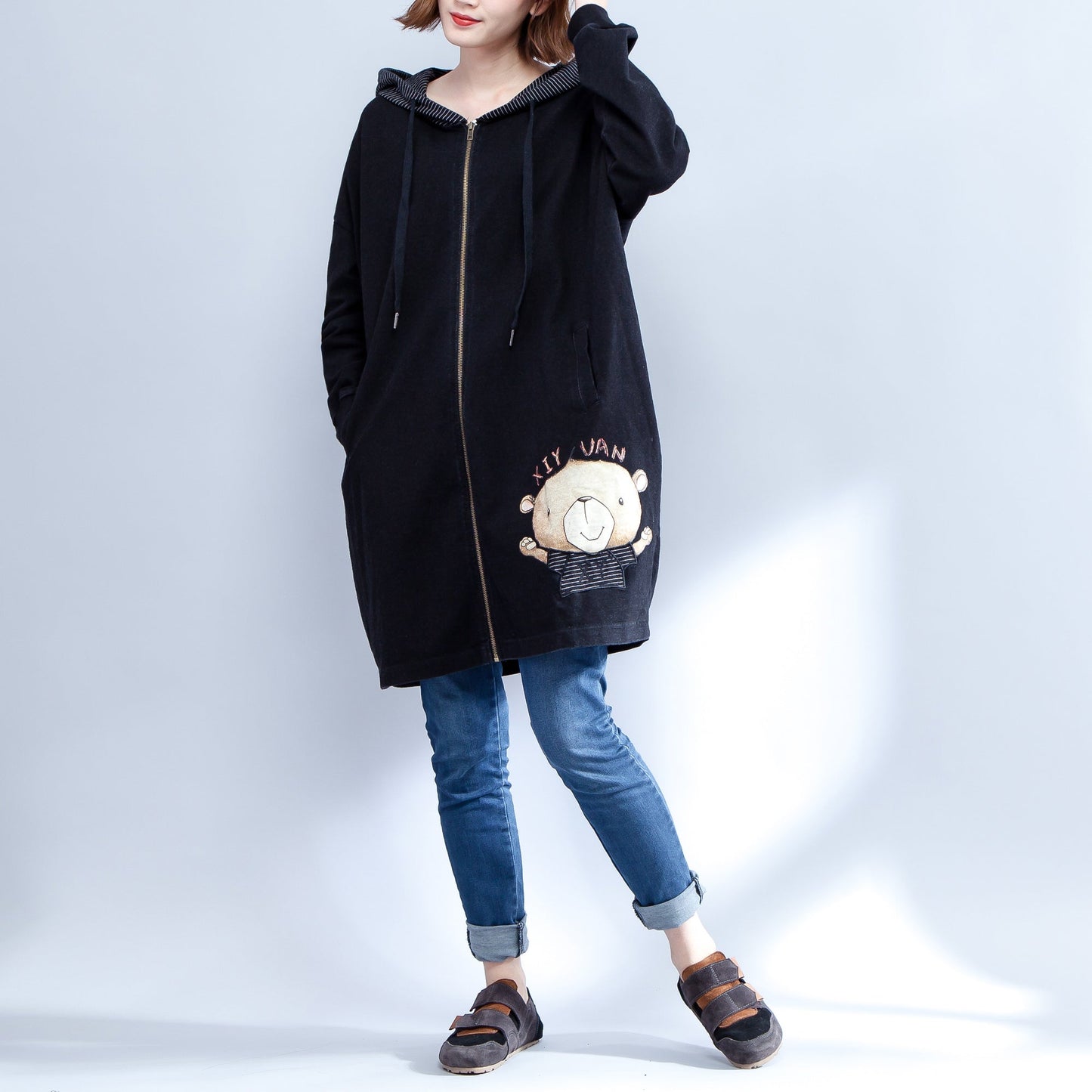 WW | Drucke schwarze Baumwolle Trenchcoats Plus-Size lässige dicke Passform Cardigans Outerwear