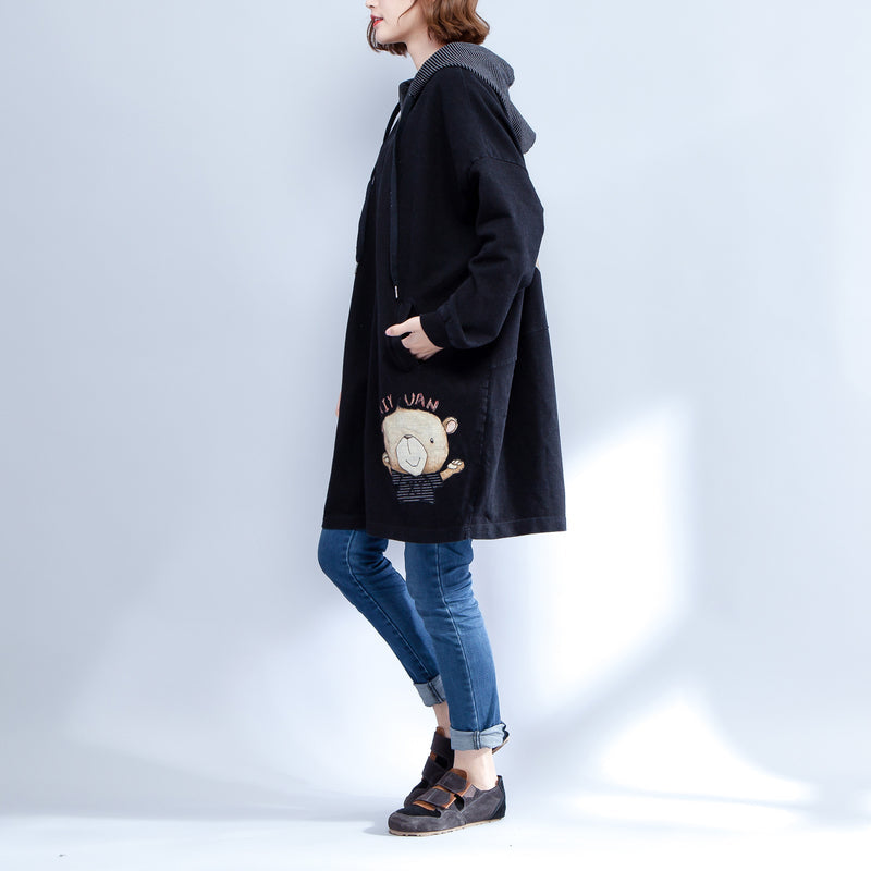 WW | Drucke schwarze Baumwolle Trenchcoats Plus-Size lässige dicke Passform Cardigans Outerwear