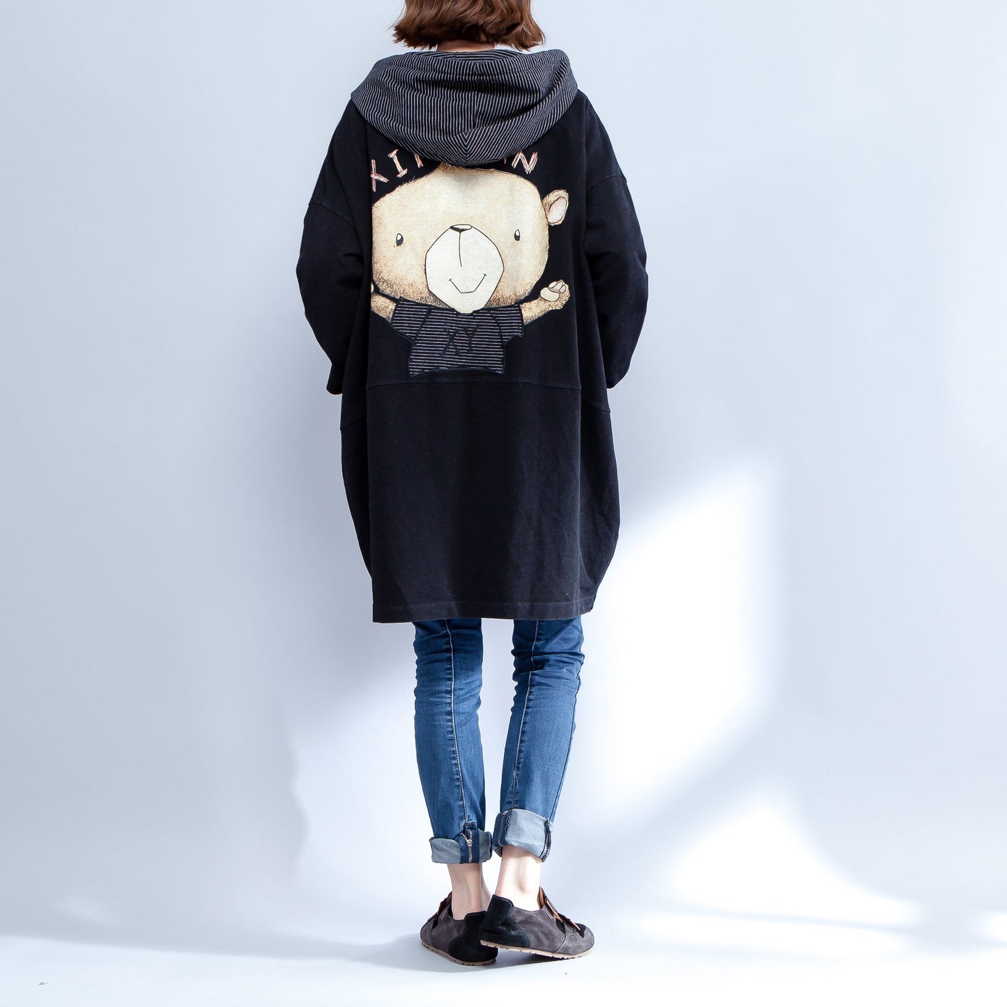 WW | Drucke schwarze Baumwolle Trenchcoats Plus-Size lässige dicke Passform Cardigans Outerwear