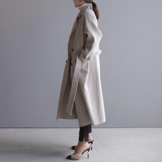 WW | Wolle-Mischung Mantel - Weiches Beige - Gürteltuch Stil - Winternotwendigkeit