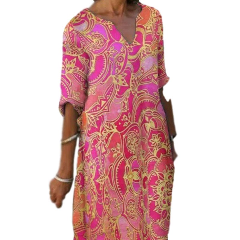 WW | Lässiges Farbenfrohes Paisley Inspiriertes Kleid mit Dreiviertelärmeln und V-Ausschnitt